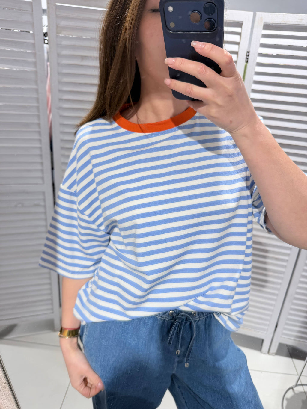 Gestreept T-shirt met ronde hals blauw oranje