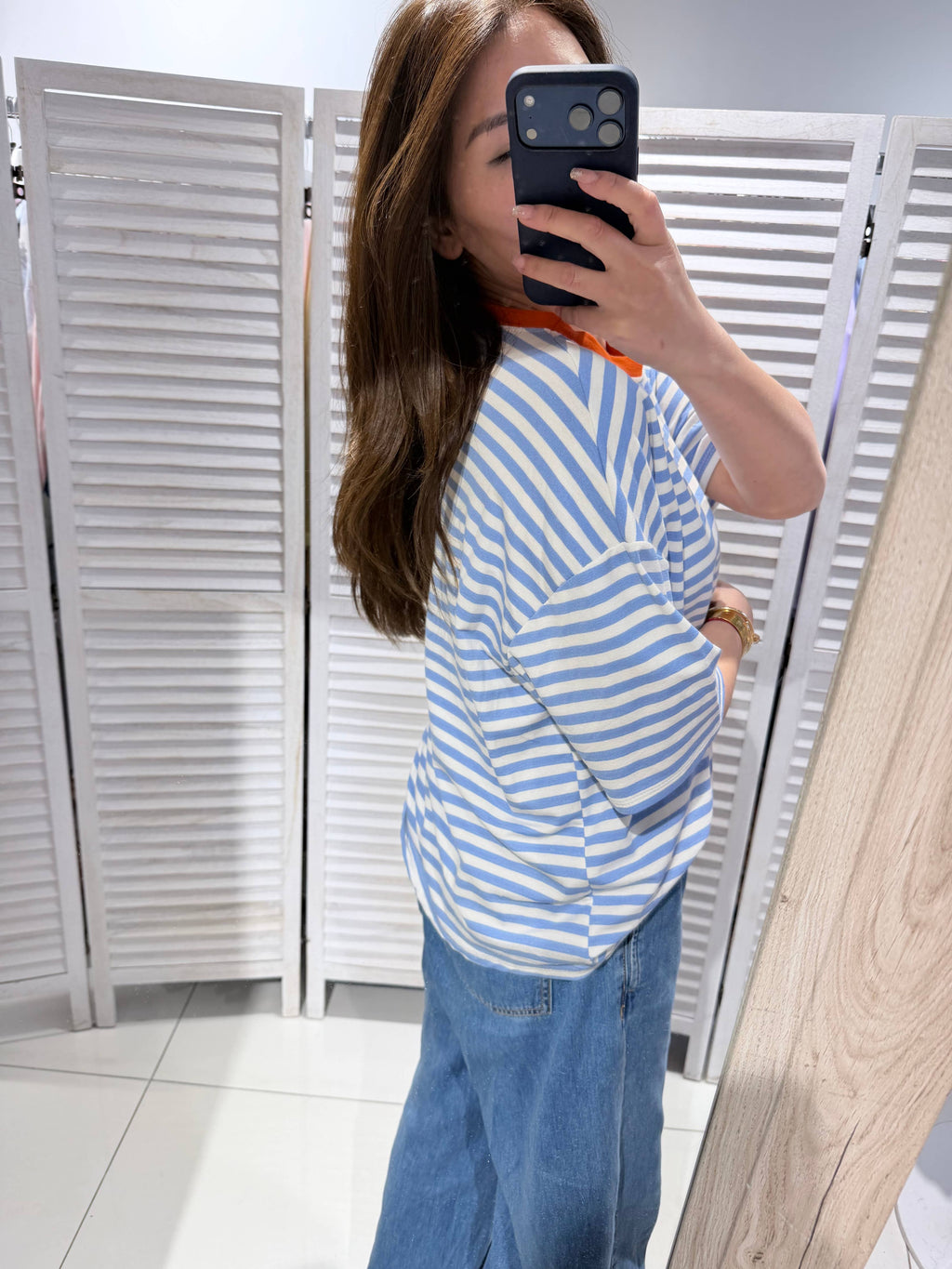 Gestreept T-shirt met ronde hals blauw oranje