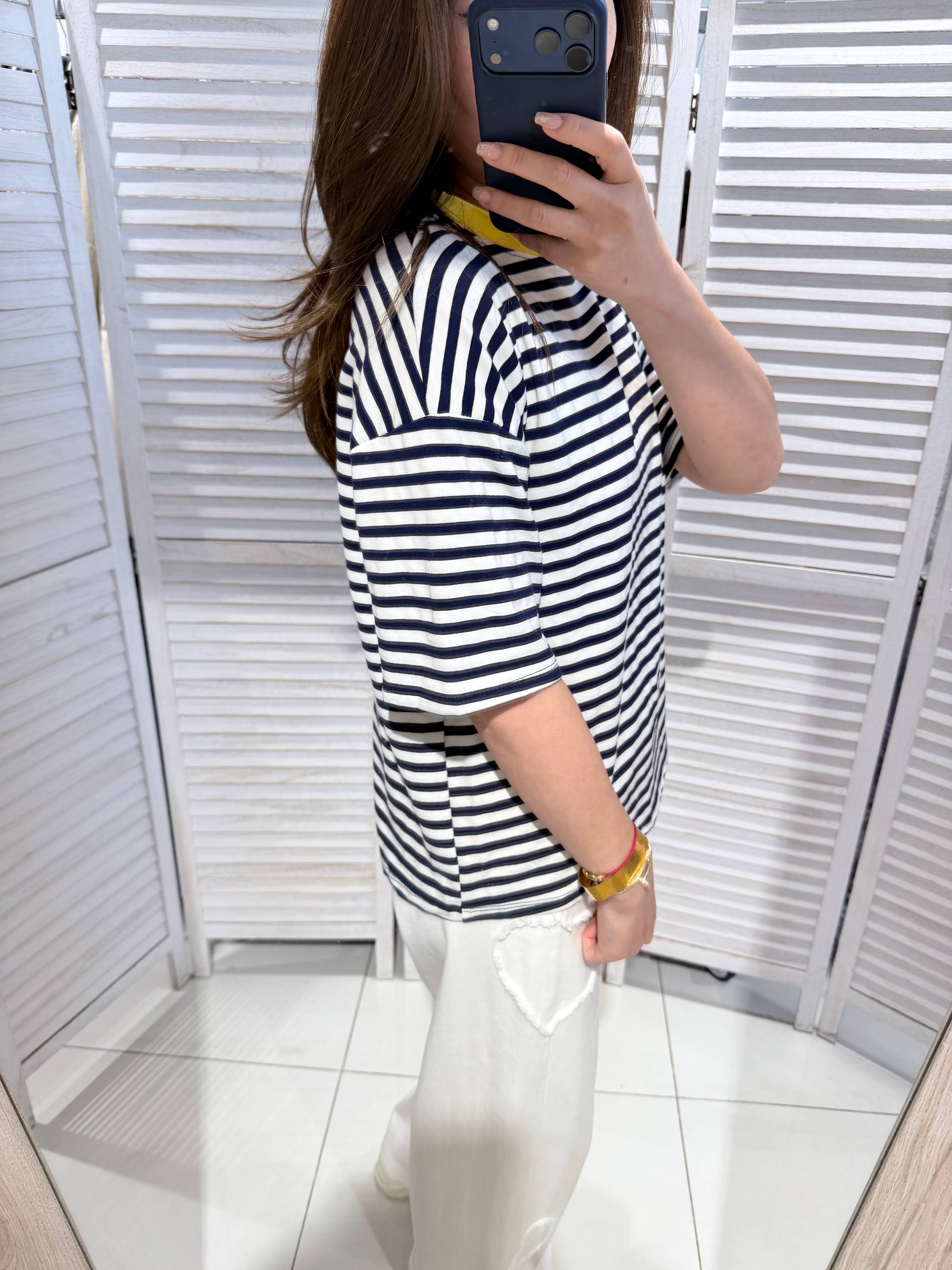 Gestreept T-shirt dames blauw wit geel