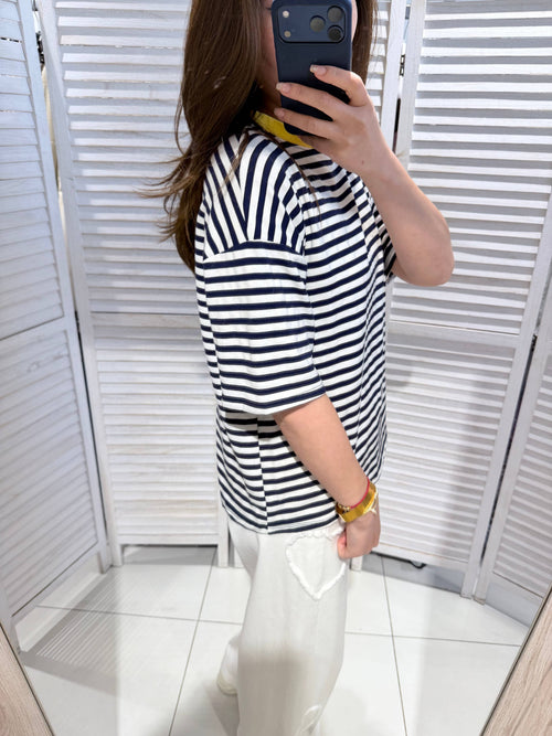 Gestreept T-shirt dames blauw wit geel
