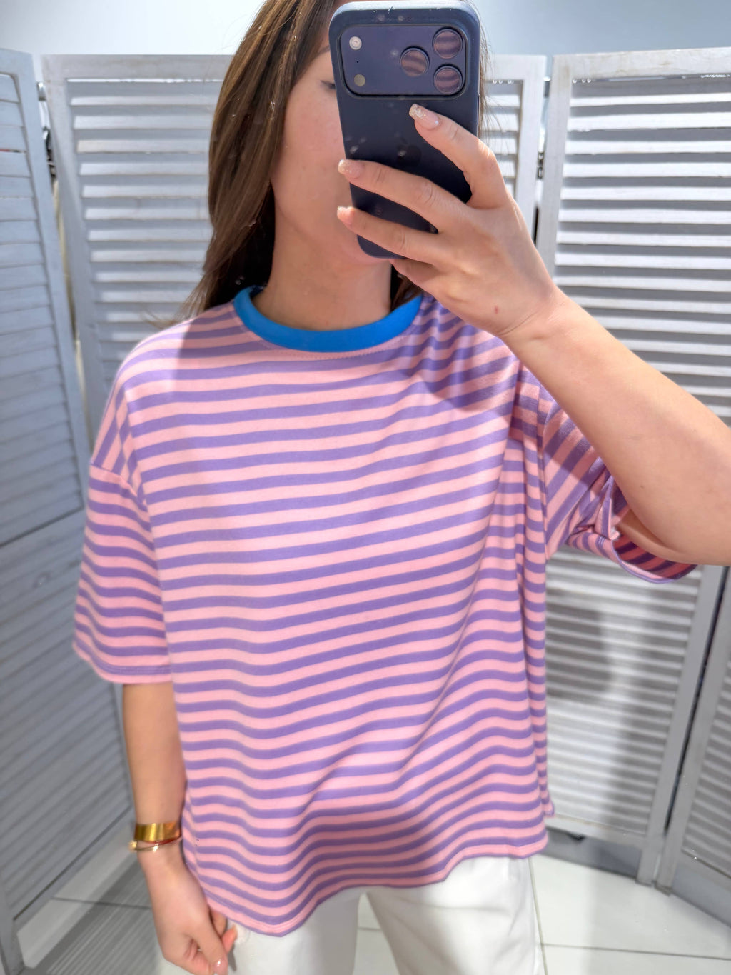 Gestreept T-shirt roze lila blauw