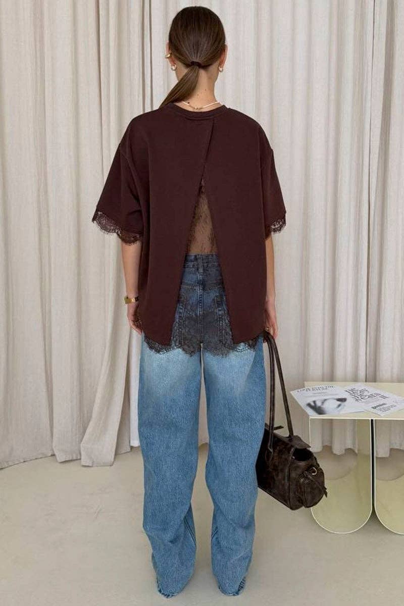 T-shirt met open rug en kantaccent