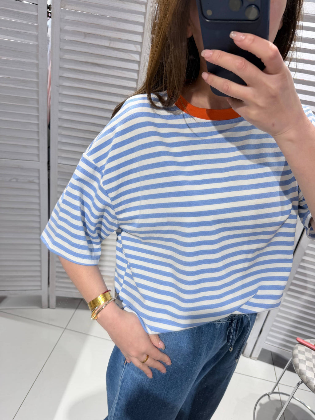 Gestreept T-shirt met ronde hals blauw oranje