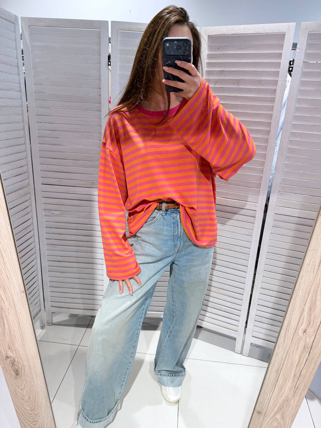Oranje gestreepte dames trui – oversized