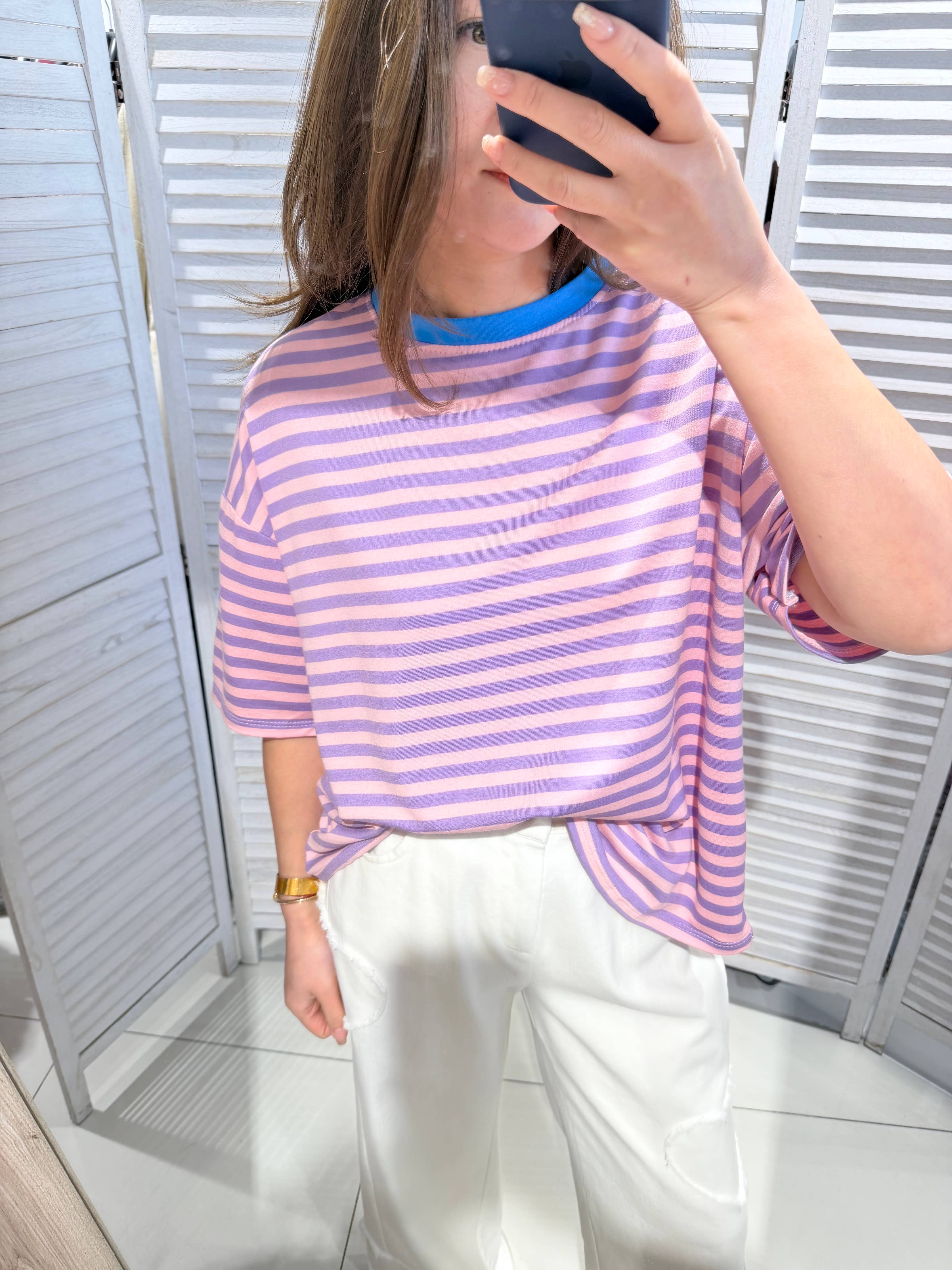 Gestreept T-shirt roze lila blauw