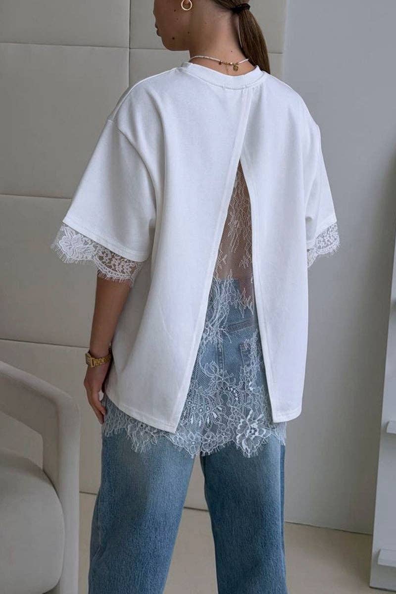 T-shirt met open rug en kantaccent