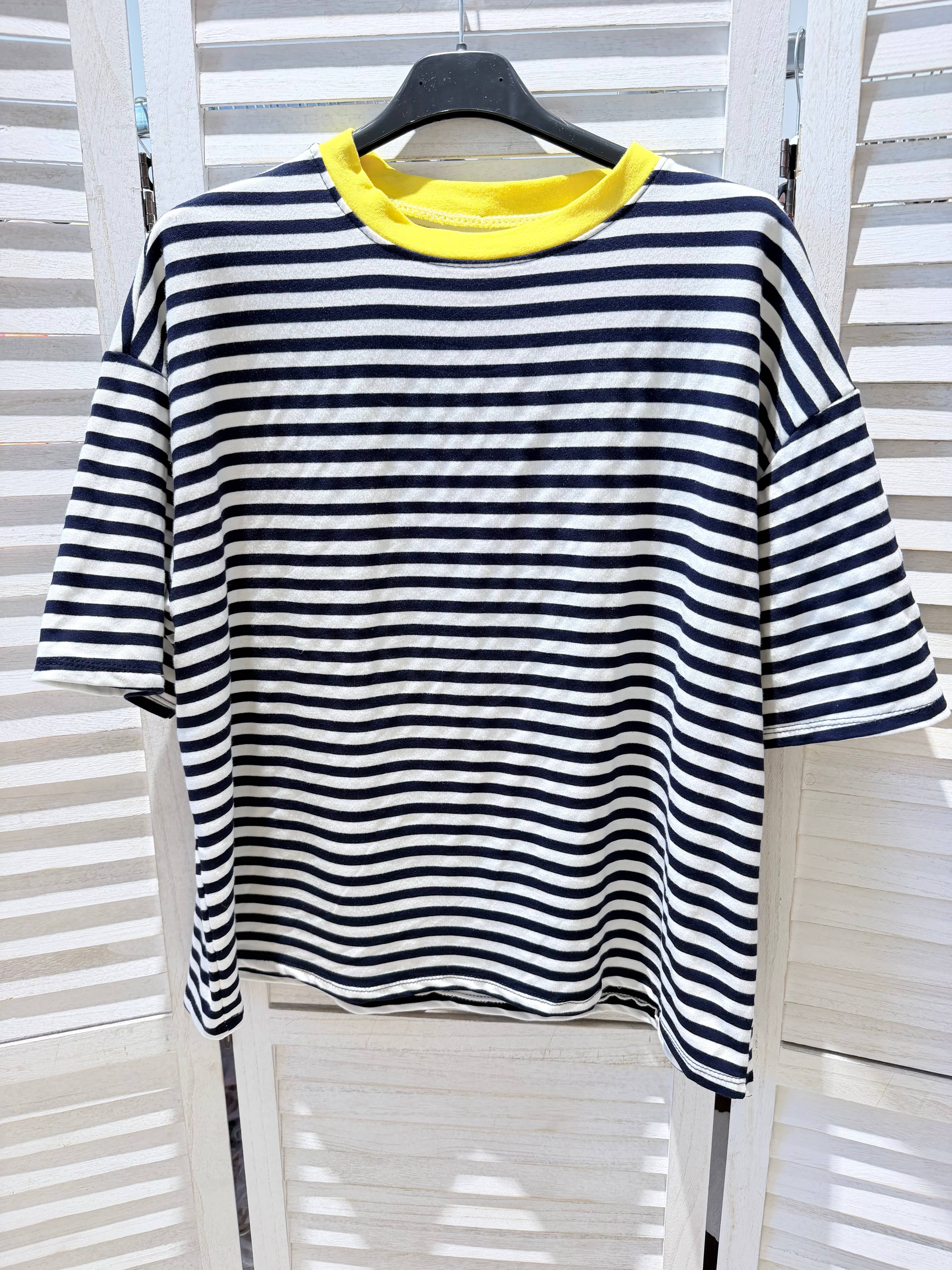 Gestreept T-shirt dames blauw wit geel