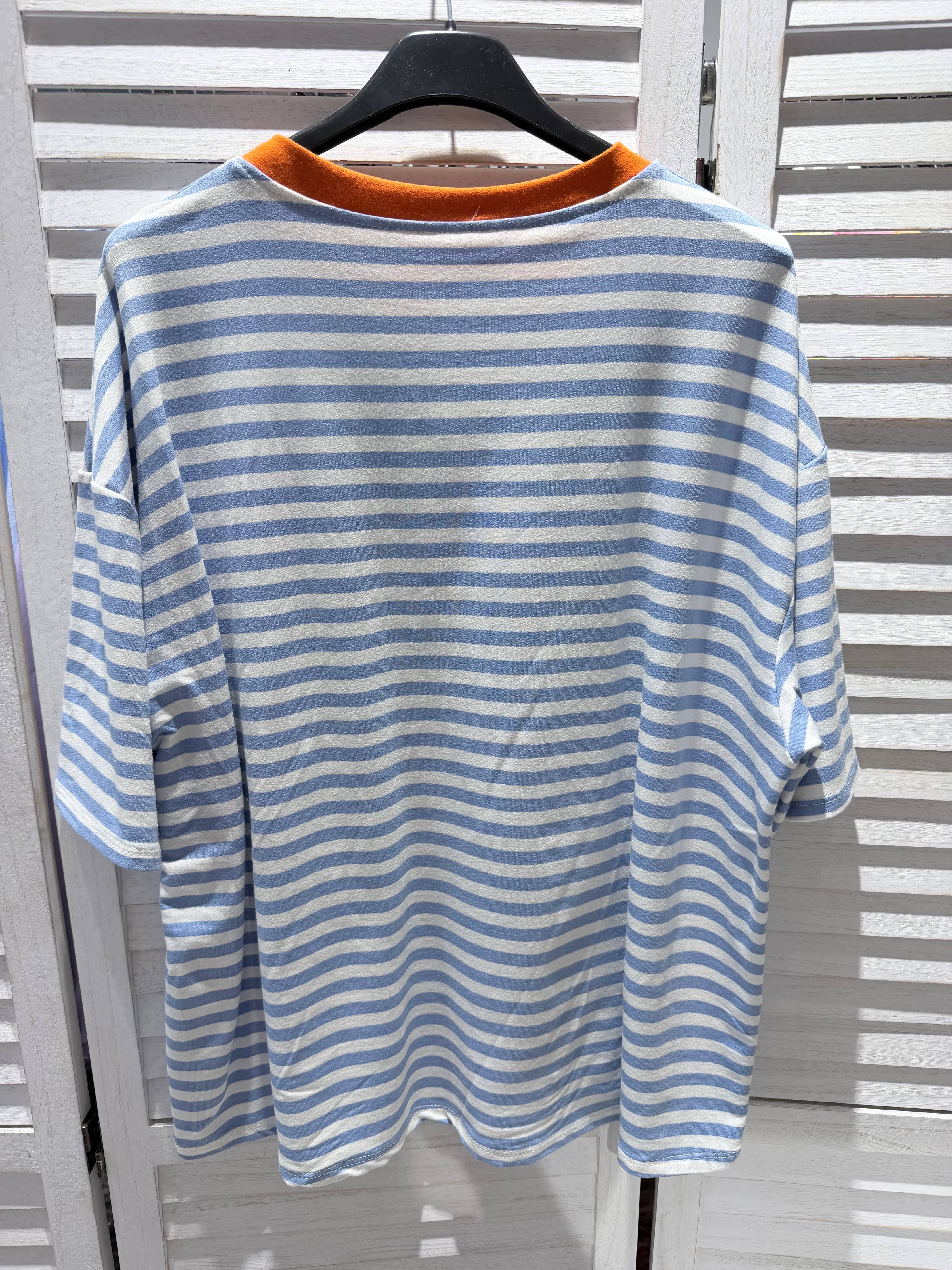 Gestreept T-shirt met ronde hals blauw oranje