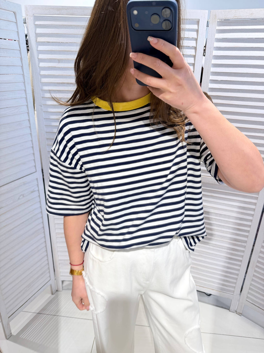 Gestreept T-shirt dames blauw wit geel