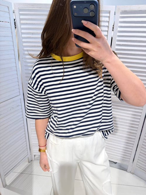 Gestreept T-shirt dames blauw wit geel