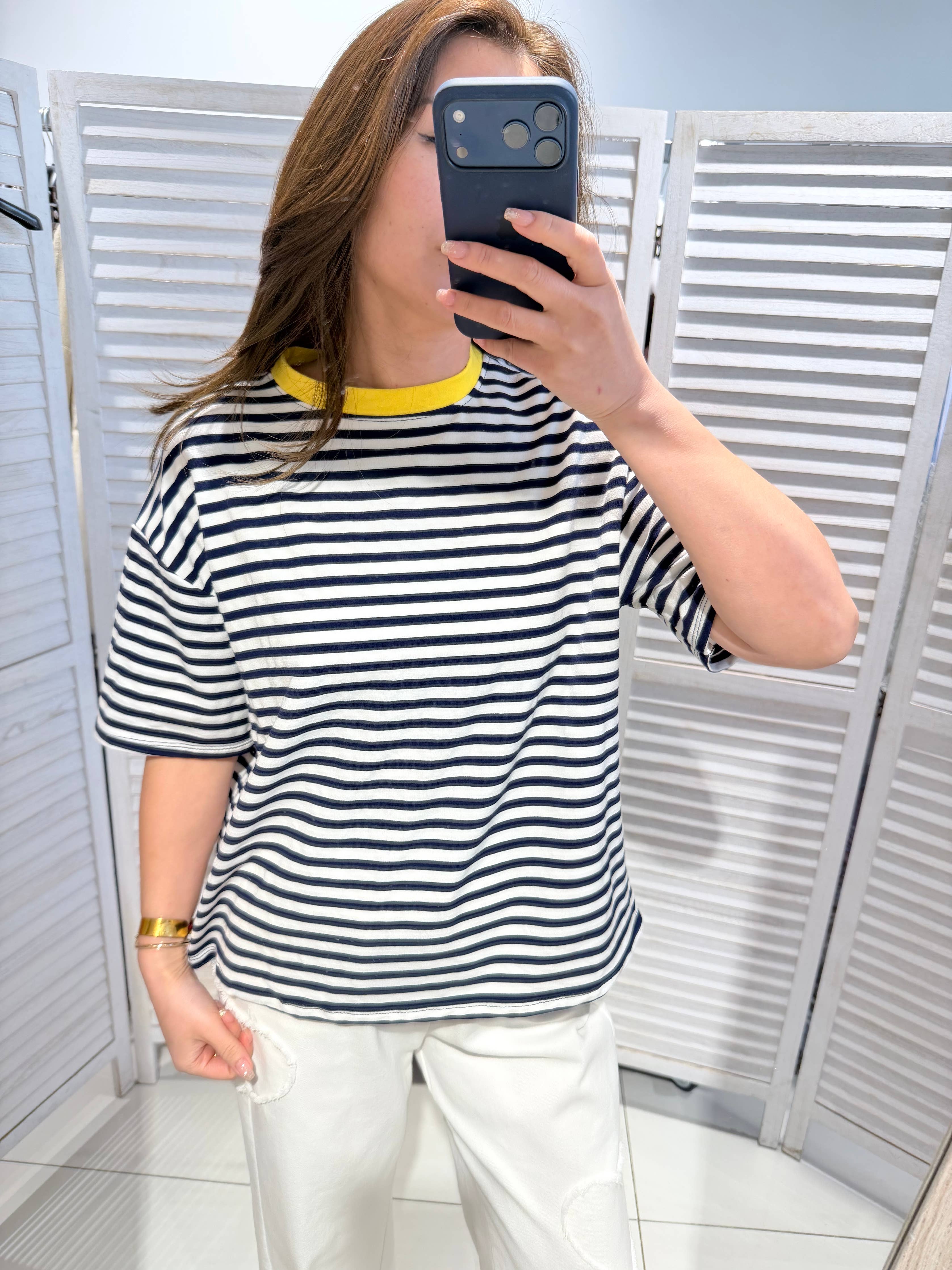 Gestreept T-shirt dames blauw wit geel